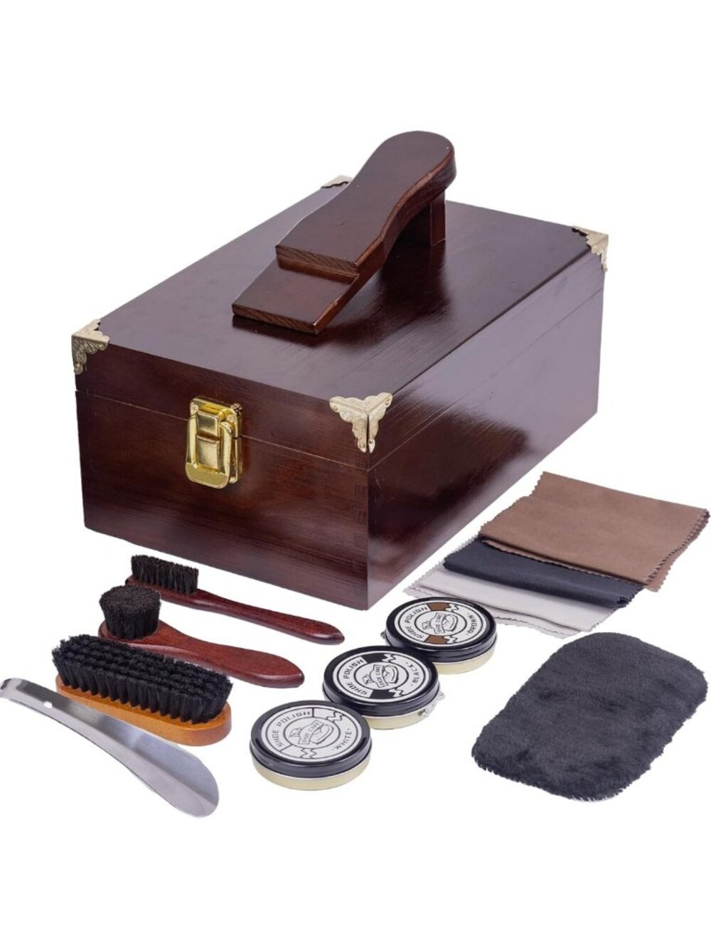Deluxe 10-Piece Shoe Shine Kit & Polish Set with Wooden Storage Box for Leather